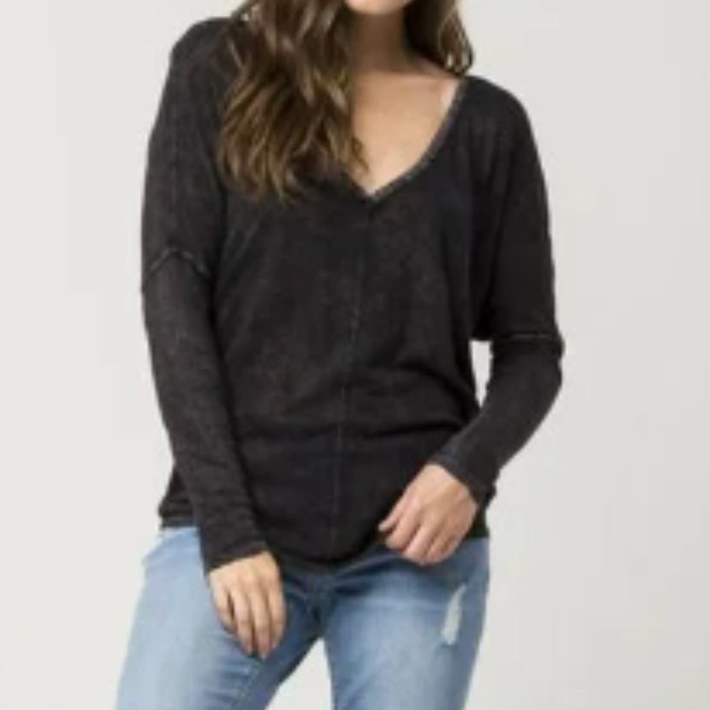 We the Free Santa Cruz Linen 90s Henley Shirt Black Acid Wash Slouchy Grunge-XS
